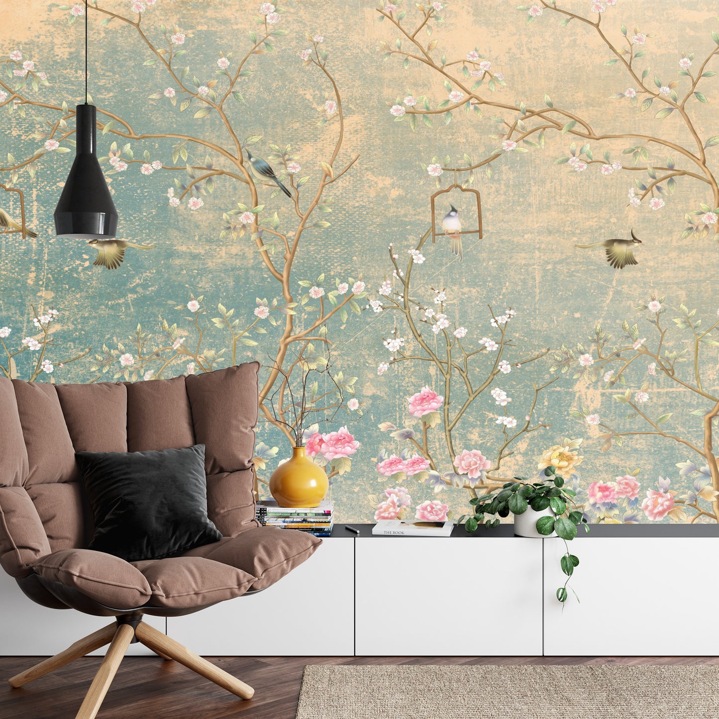 Fototapete Vintage Blumen Und Vögel Auf Pastell Farbigen Älter Hintergrund
