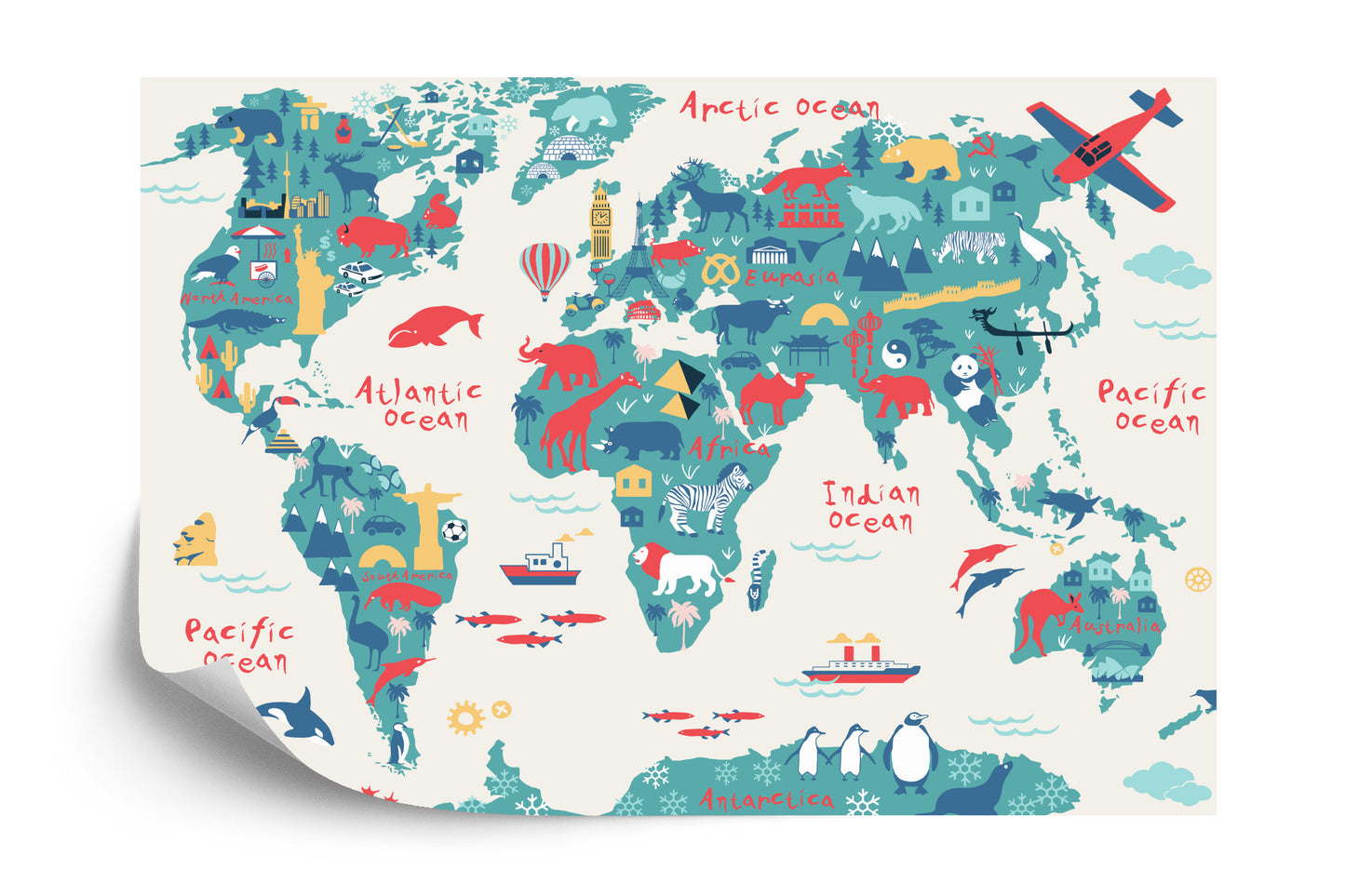 Fototapete Map Of The World Wallpaper Design For Children's Room. Cute Design, Animals And Builds, Culture, Mural Art.