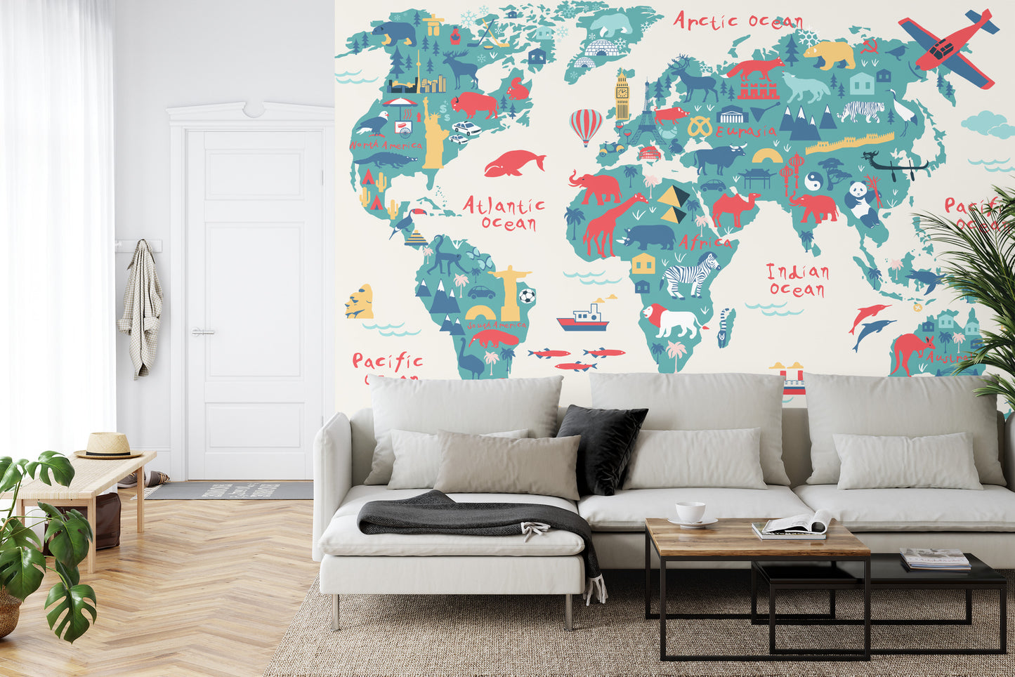 Fototapete Map Of The World Wallpaper Design For Children's Room. Cute Design, Animals And Builds, Culture, Mural Art.