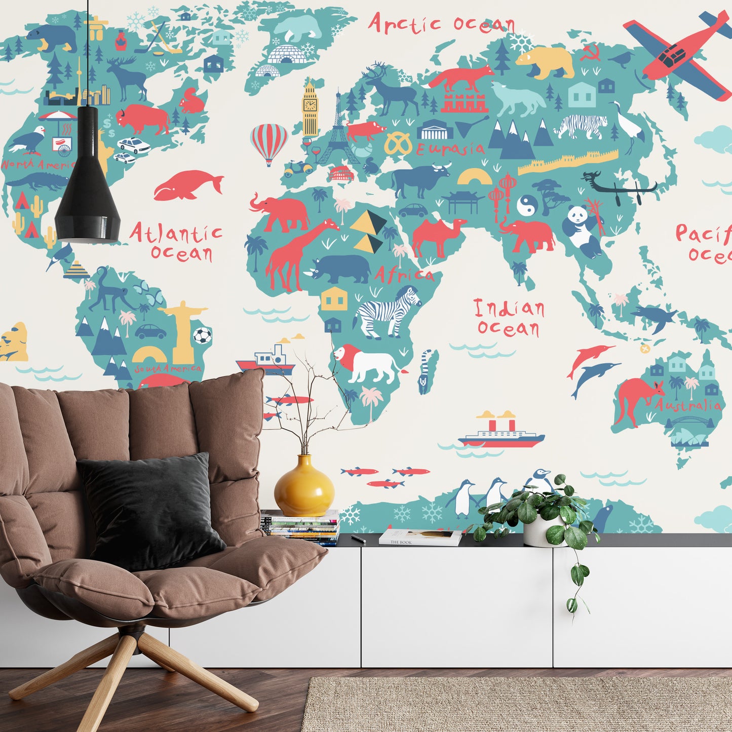 Fototapete Map Of The World Wallpaper Design For Children's Room. Cute Design, Animals And Builds, Culture, Mural Art.