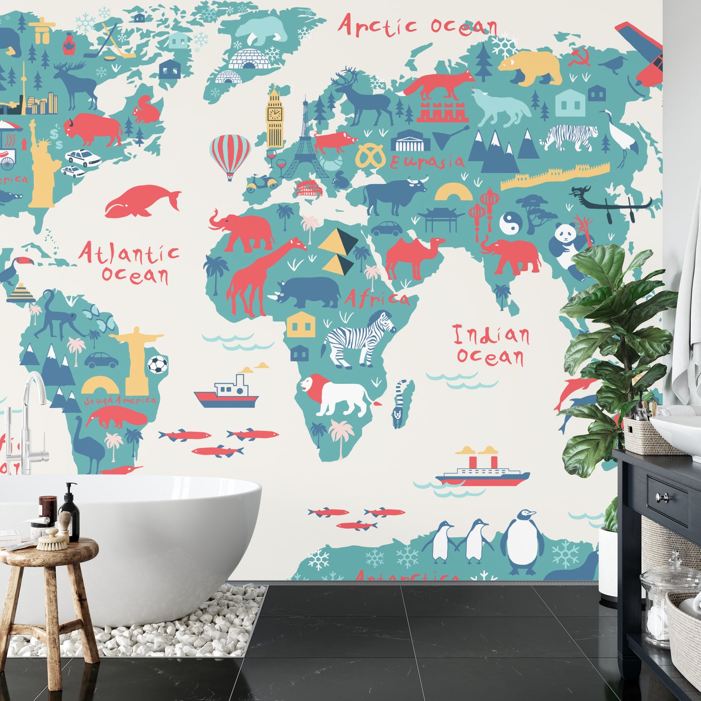 Fototapete Map Of The World Wallpaper Design For Children's Room. Cute Design, Animals And Builds, Culture, Mural Art.