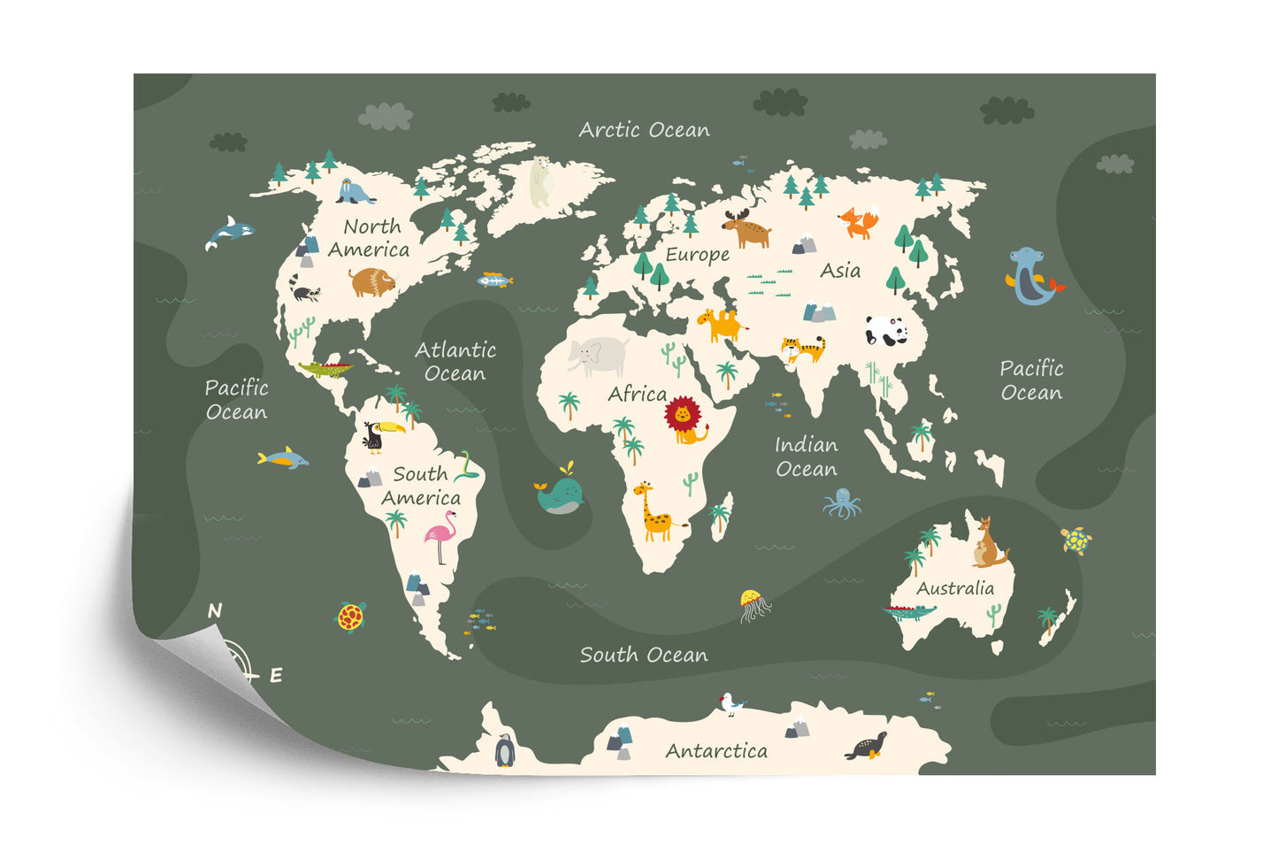 Fototapete The World Map With Cartoon Animals For Kids, Nature, Discovery And Continent Name, Ocean Name. Children's Map Design For Wallpaper, Kids Room, Wall Art