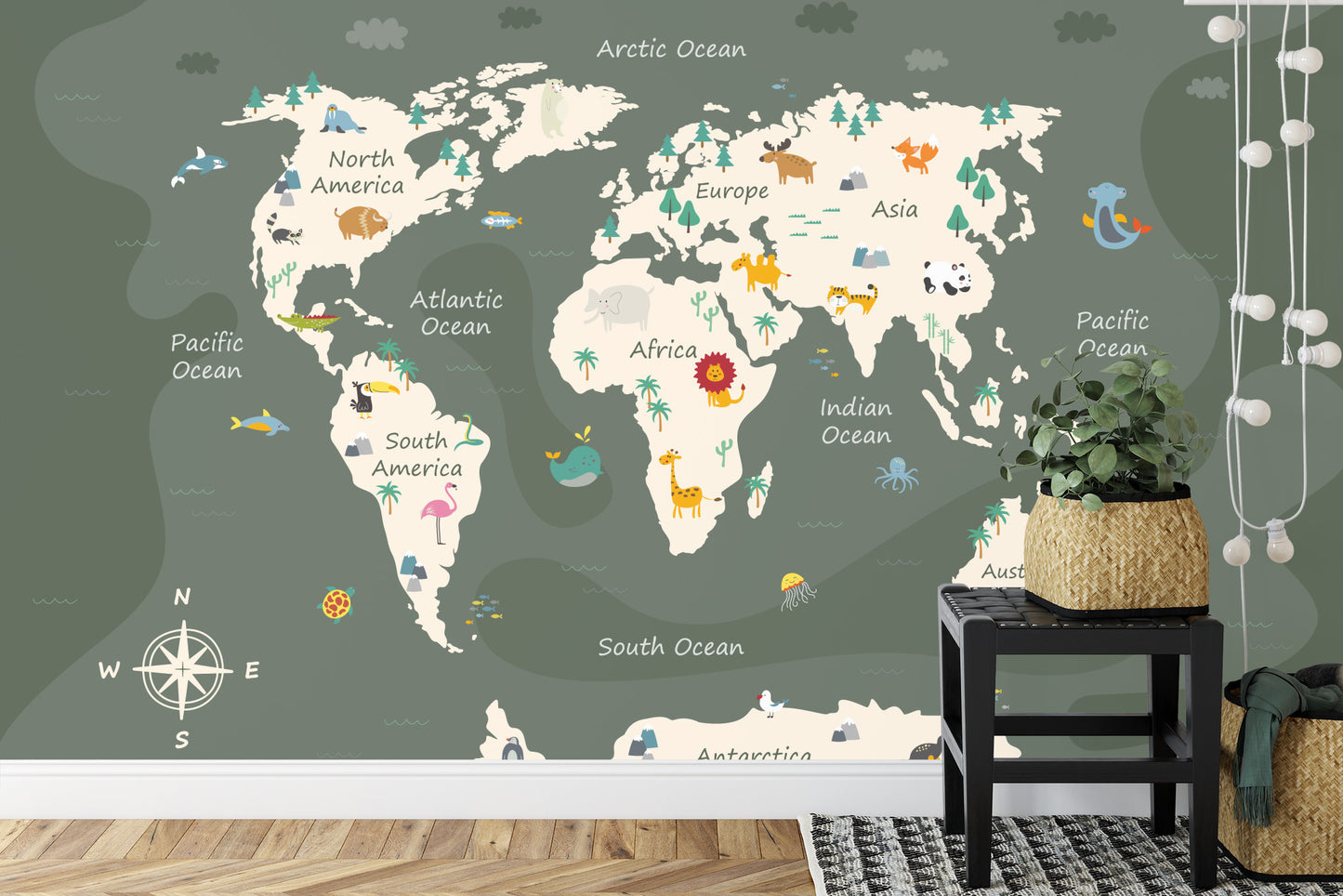 Fototapete The World Map With Cartoon Animals For Kids, Nature, Discovery And Continent Name, Ocean Name. Children's Map Design For Wallpaper, Kids Room, Wall Art