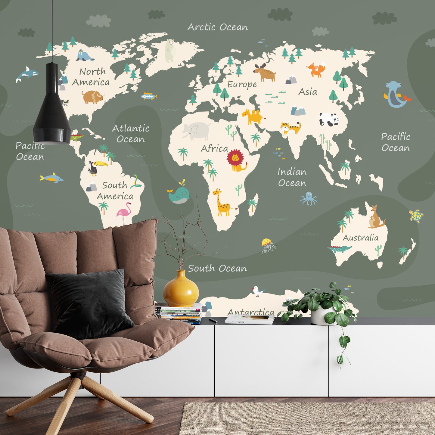 Fototapete The World Map With Cartoon Animals For Kids, Nature, Discovery And Continent Name, Ocean Name. Children's Map Design For Wallpaper, Kids Room, Wall Art
