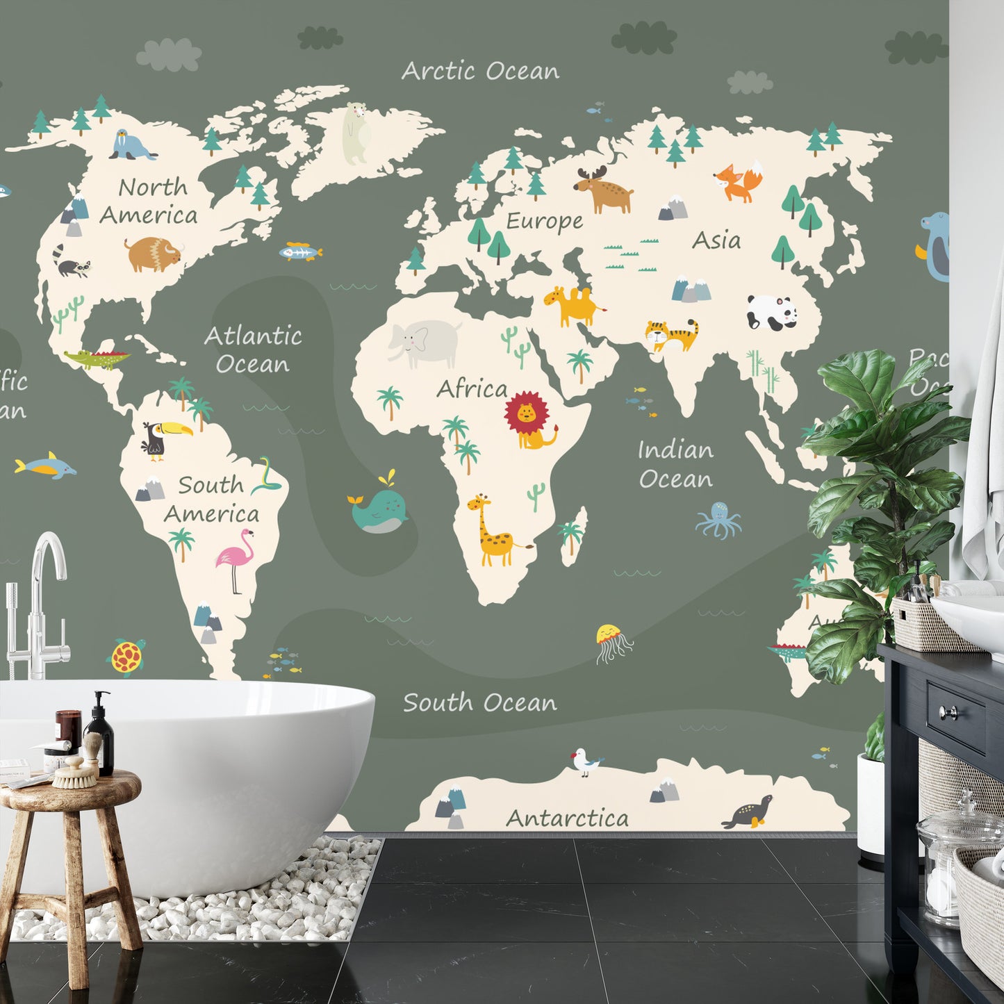 Fototapete The World Map With Cartoon Animals For Kids, Nature, Discovery And Continent Name, Ocean Name. Children's Map Design For Wallpaper, Kids Room, Wall Art