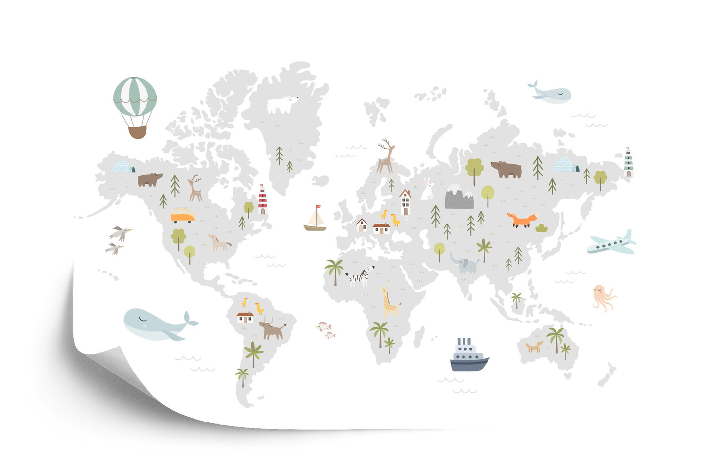 Fototapete World Map With Cute Animals In Cartoon Style. Map For Nursery, Kids Room With Nature, Animals, Transports. Skandi