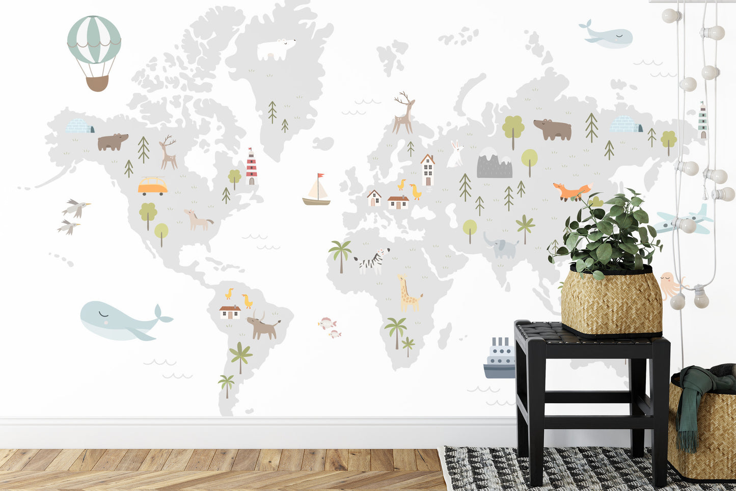 Fototapete World Map With Cute Animals In Cartoon Style. Map For Nursery, Kids Room With Nature, Animals, Transports. Skandi