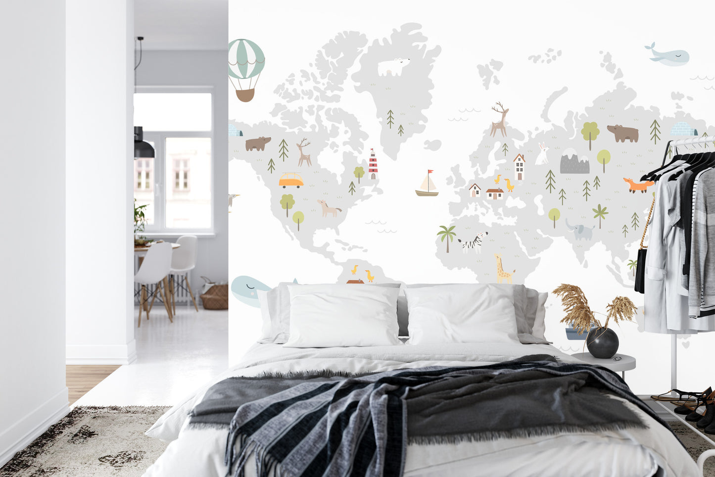 Fototapete World Map With Cute Animals In Cartoon Style. Map For Nursery, Kids Room With Nature, Animals, Transports. Skandi
