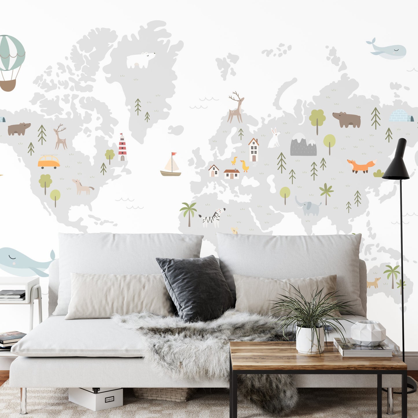 Fototapete World Map With Cute Animals In Cartoon Style. Map For Nursery, Kids Room With Nature, Animals, Transports. Skandi