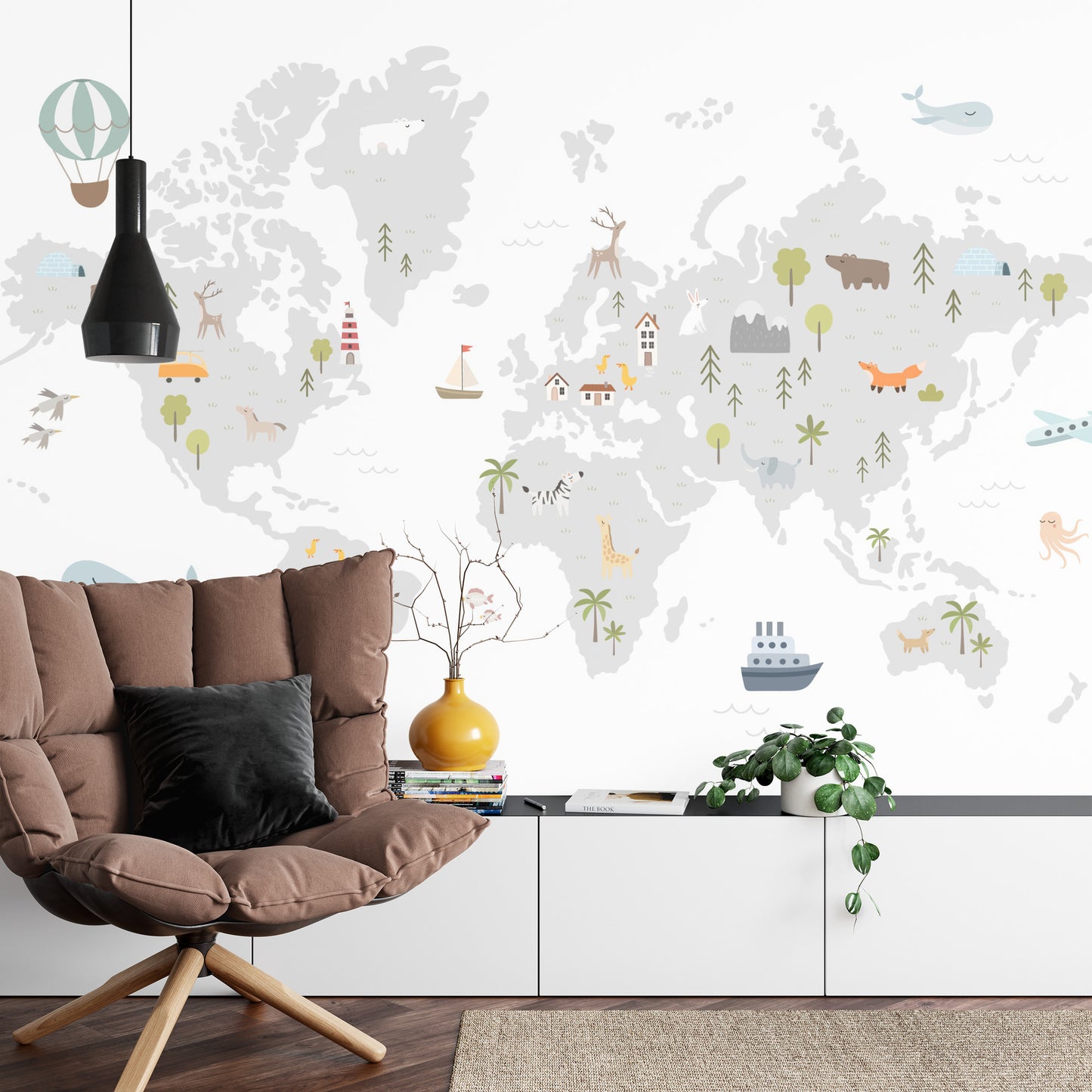 Fototapete World Map With Cute Animals In Cartoon Style. Map For Nursery, Kids Room With Nature, Animals, Transports. Skandi