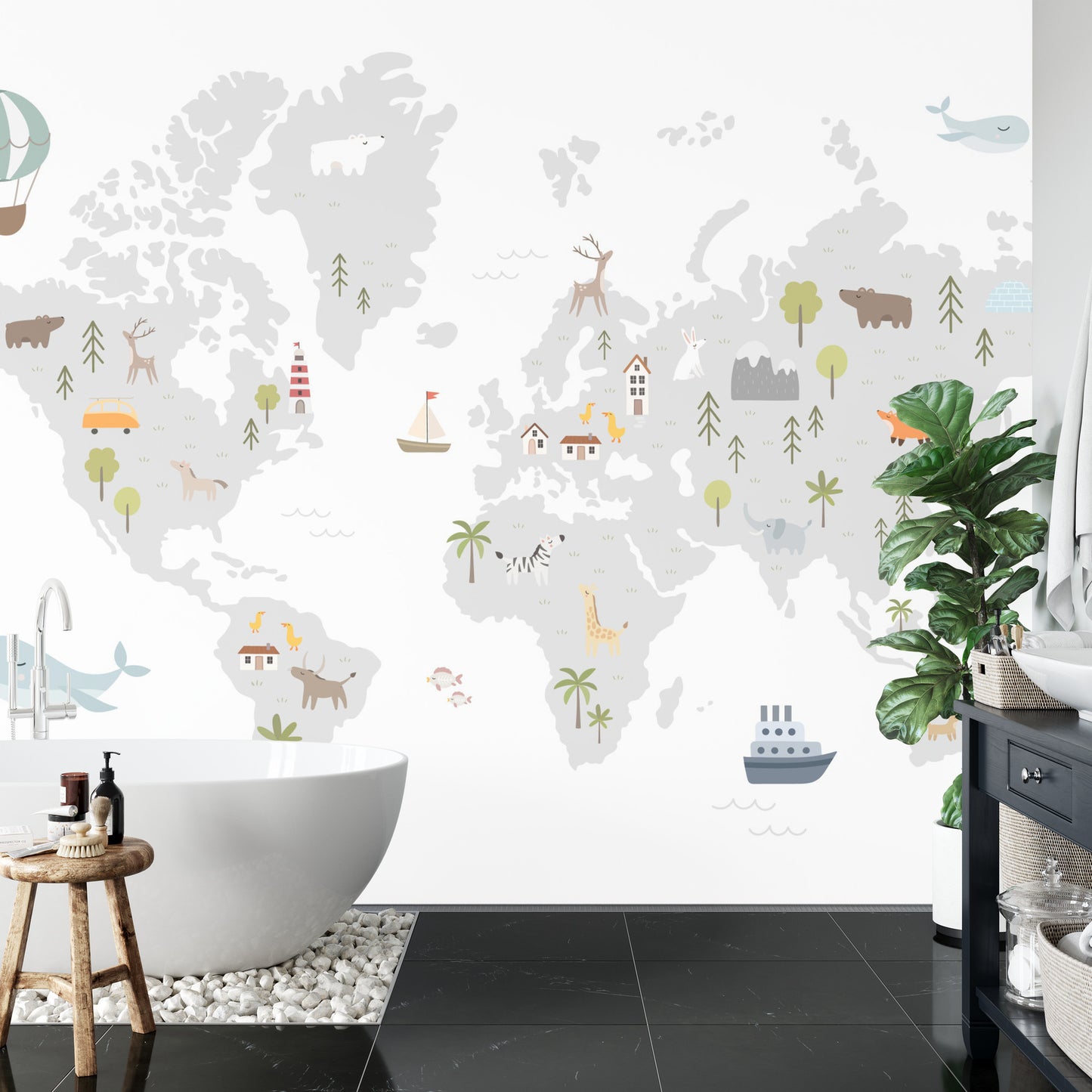 Fototapete World Map With Cute Animals In Cartoon Style. Map For Nursery, Kids Room With Nature, Animals, Transports. Skandi