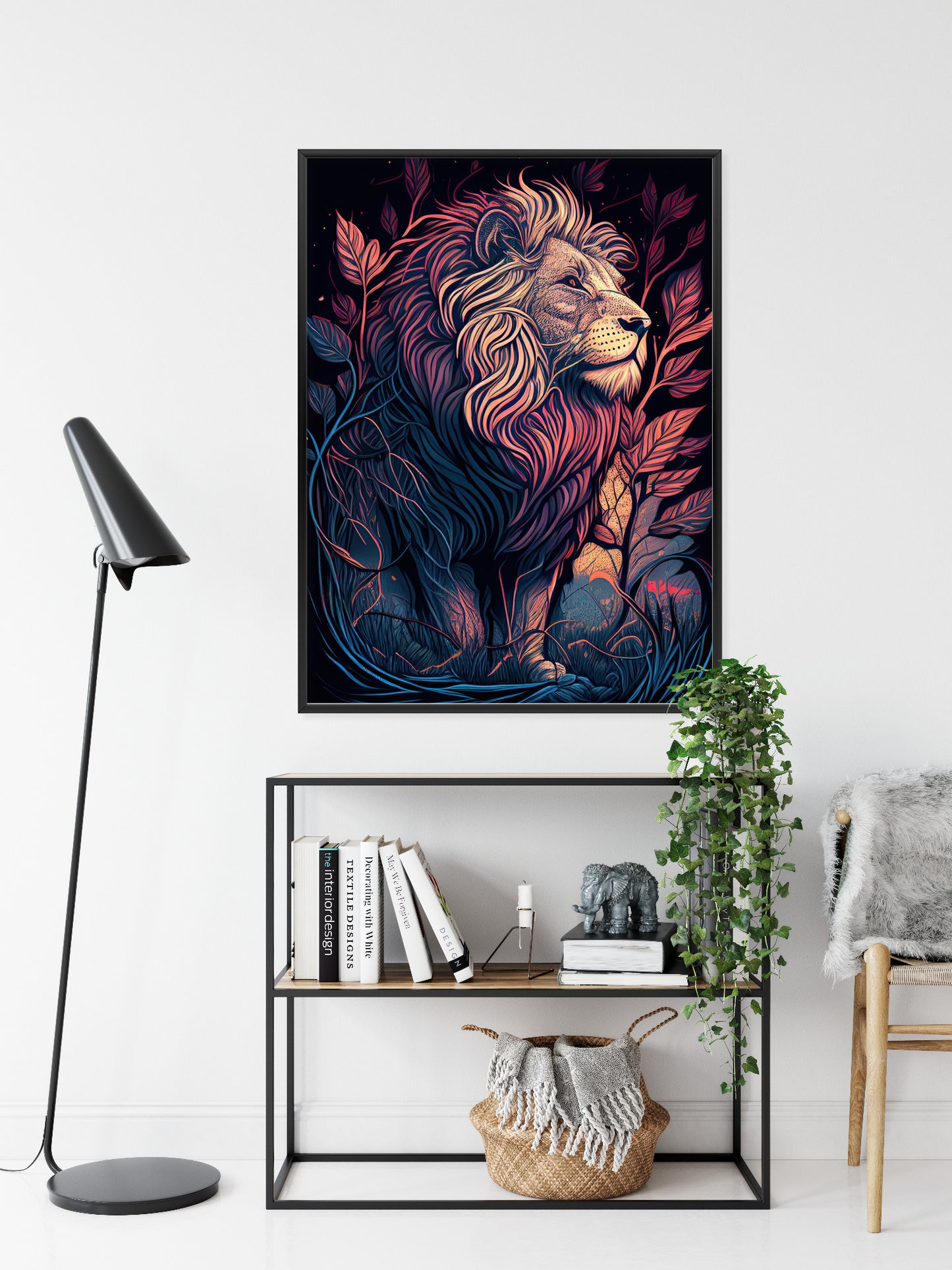 Poster Majestätischer Löwe In Illustration Rahmen Holz Mit Passepartout Farbe Natürlich