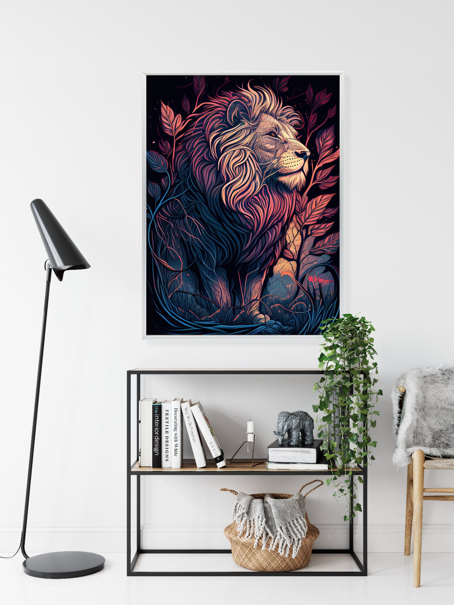 Poster Majestätischer Löwe In Illustration Rahmen Holz Mit Passepartout Farbe Natürlich