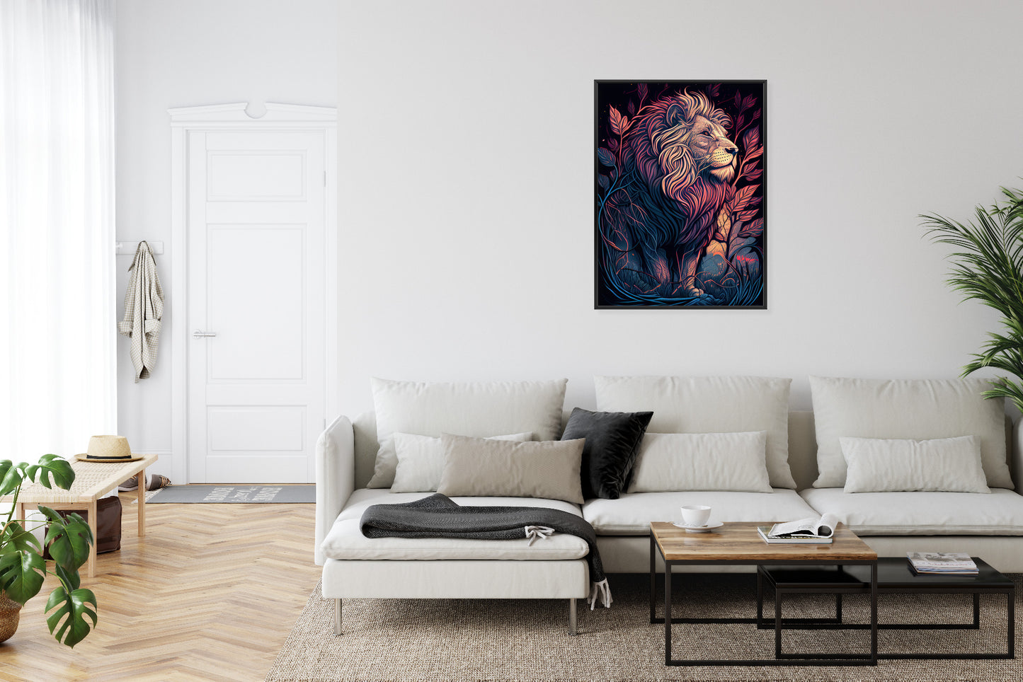Poster Majestätischer Löwe In Illustration Rahmen Holz Mit Passepartout Farbe Natürlich