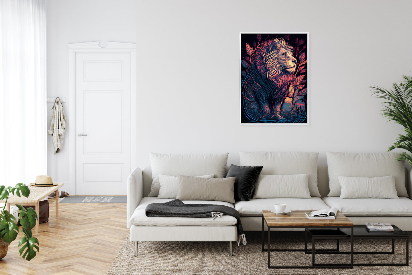 Poster Majestätischer Löwe In Illustration Rahmen Holz Mit Passepartout Farbe Natürlich