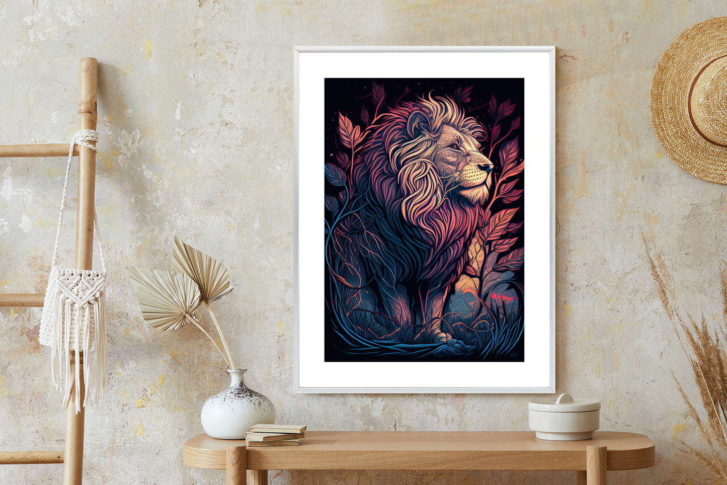 Poster Majestätischer Löwe In Illustration Rahmen Holz Mit Passepartout Farbe Natürlich