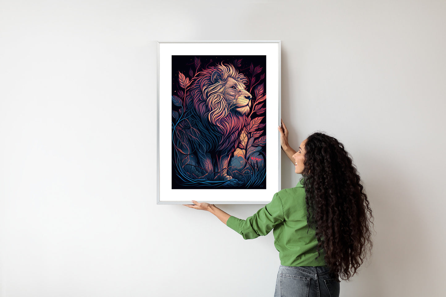 Poster Majestätischer Löwe In Illustration Rahmen Holz Mit Passepartout Farbe Natürlich