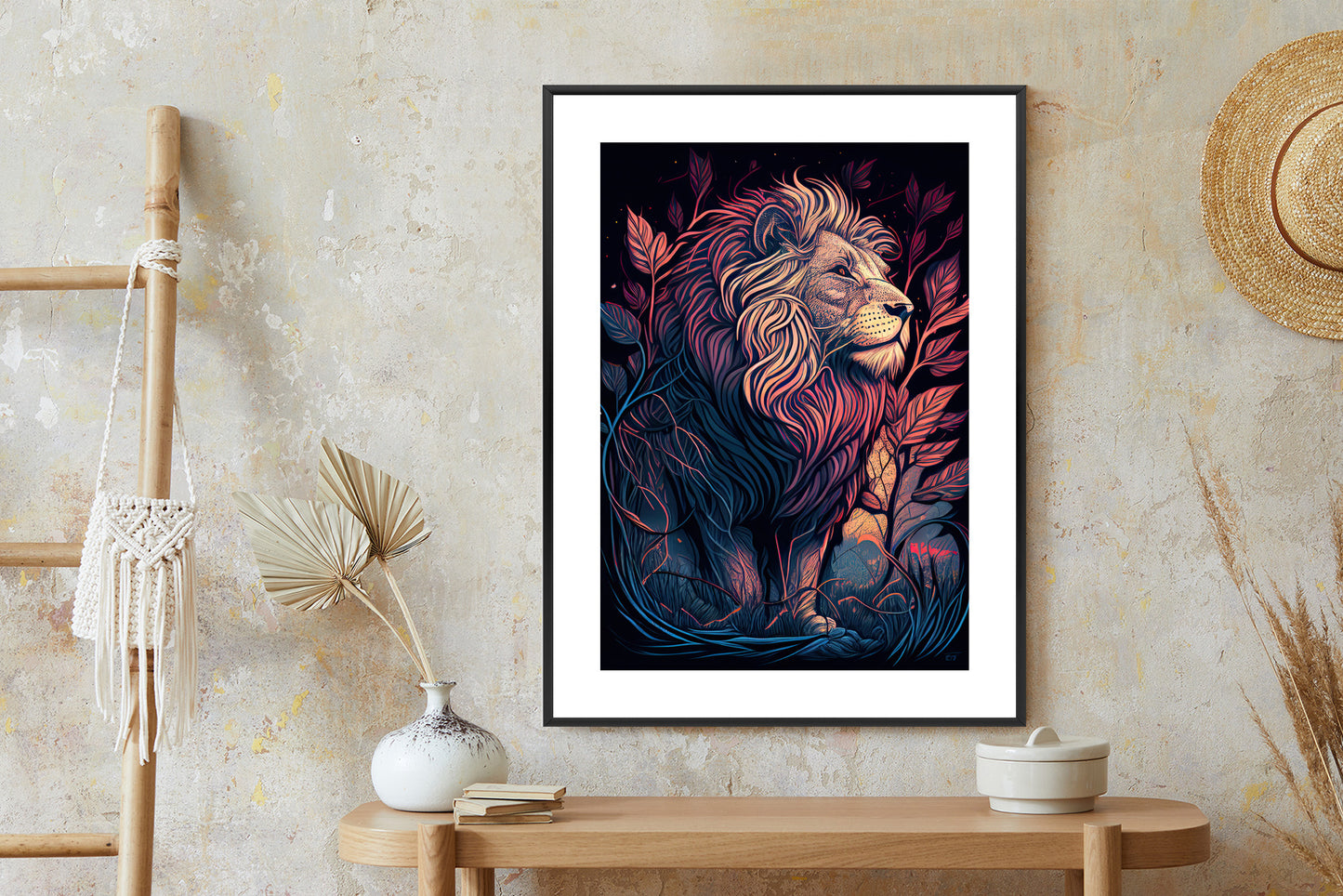 Poster Majestätischer Löwe In Illustration Rahmen Holz Mit Passepartout Farbe Natürlich