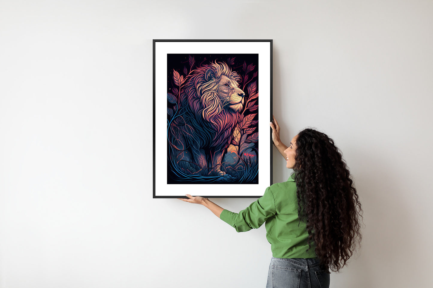 Poster Majestätischer Löwe In Illustration Rahmen Holz Mit Passepartout Farbe Natürlich