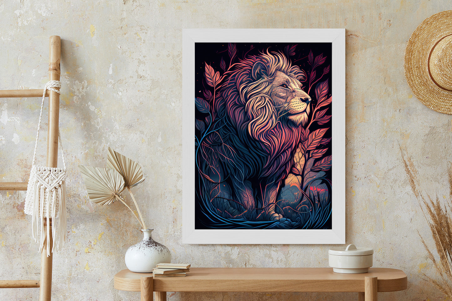 Poster Majestätischer Löwe In Illustration Rahmen Holz Mit Passepartout Farbe Natürlich