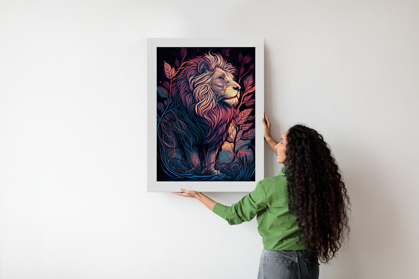 Poster Majestätischer Löwe In Illustration Rahmen Holz Mit Passepartout Farbe Natürlich