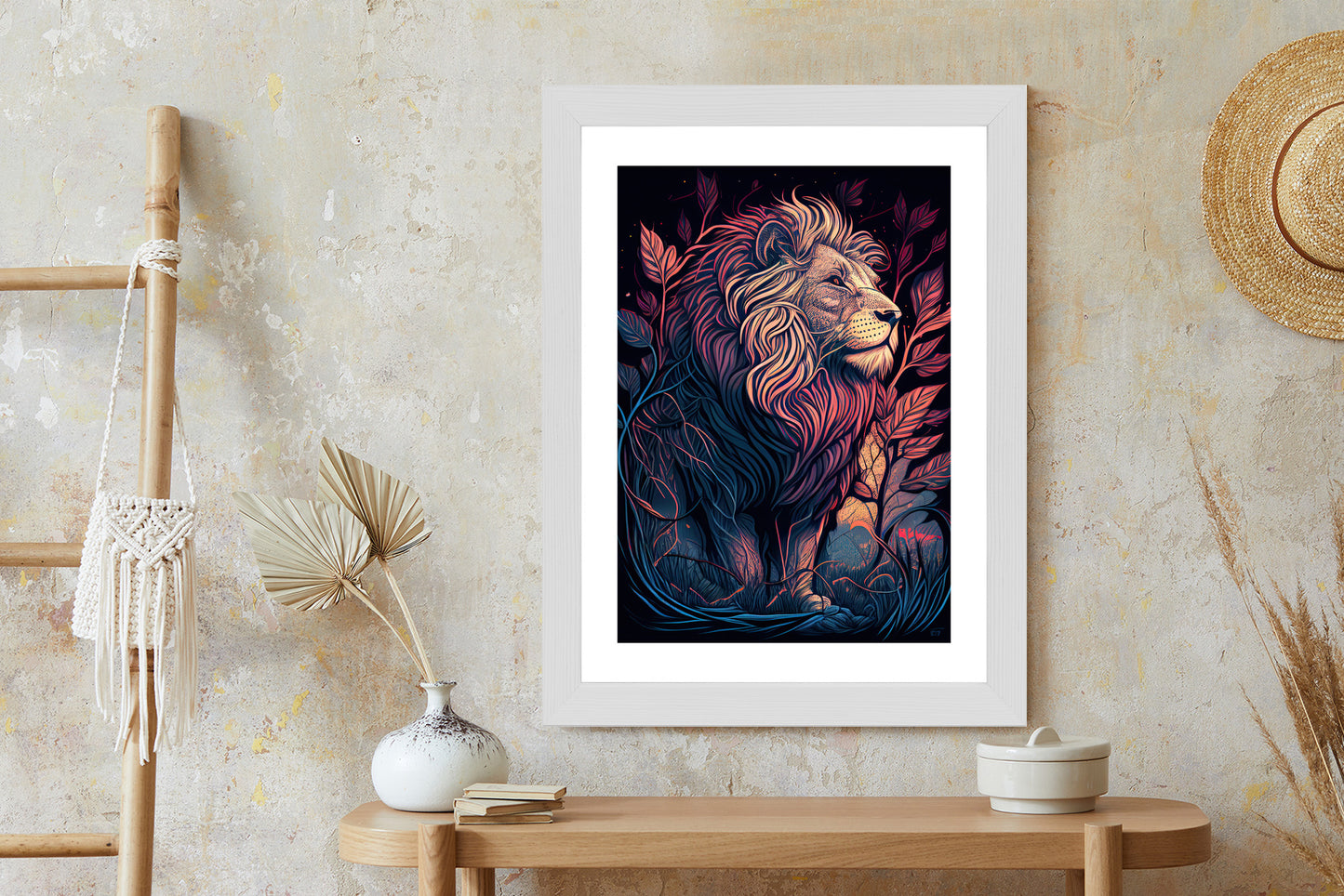 Poster Majestätischer Löwe In Illustration Rahmen Holz Mit Passepartout Farbe Natürlich