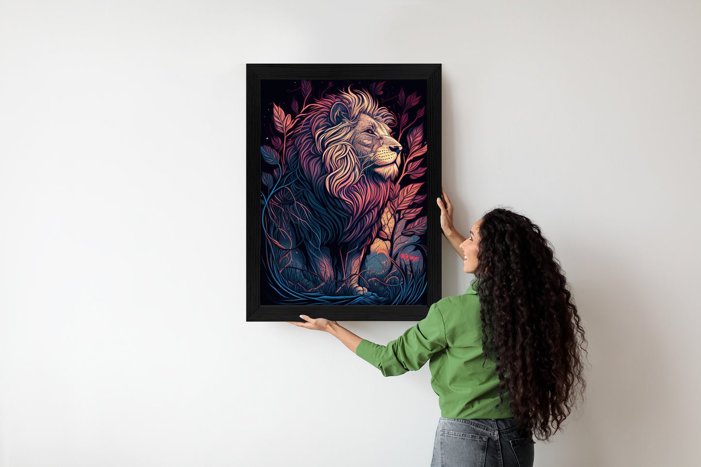 Poster Majestätischer Löwe In Illustration Rahmen Holz Mit Passepartout Farbe Natürlich