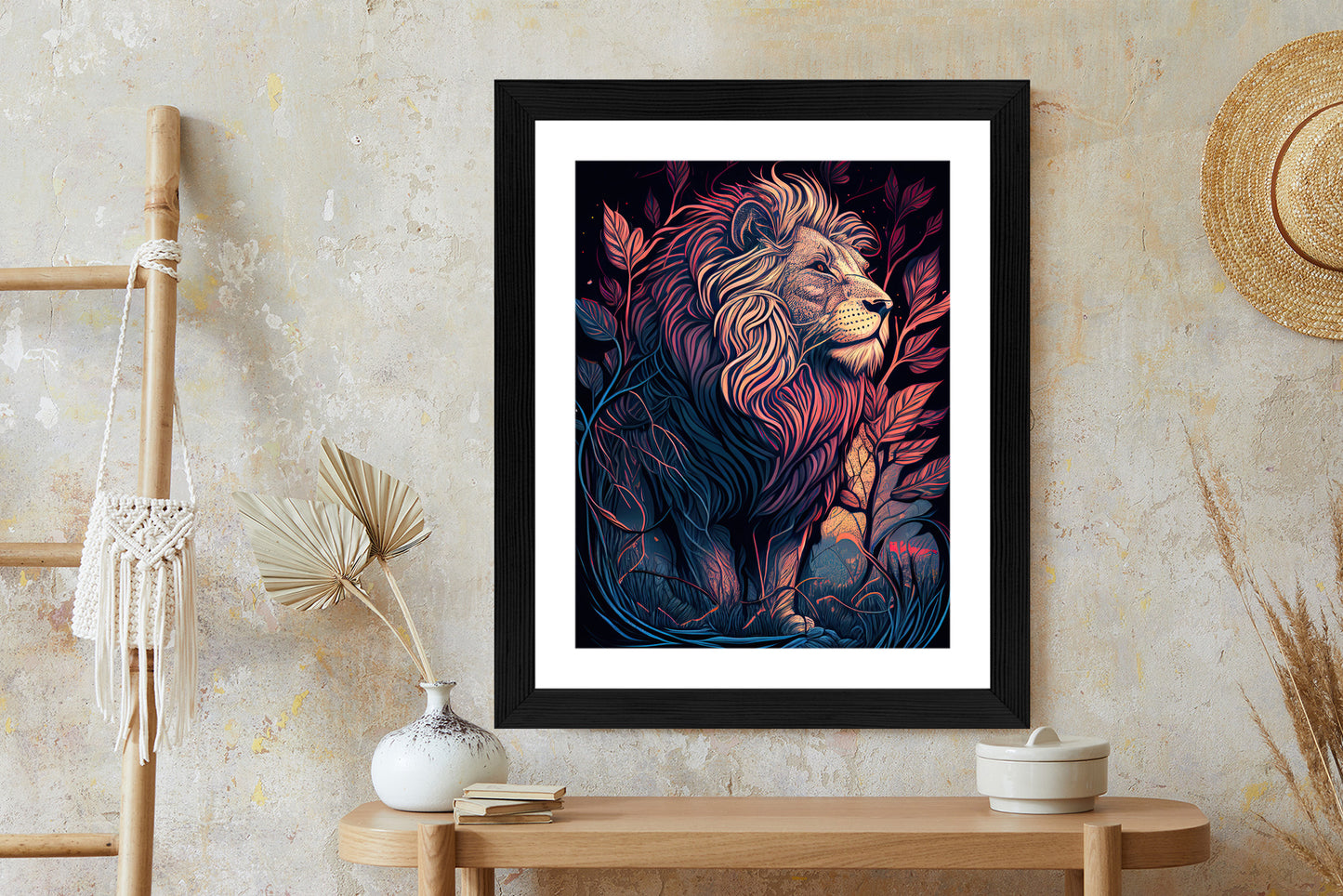 Poster Majestätischer Löwe In Illustration Rahmen Holz Mit Passepartout Farbe Natürlich