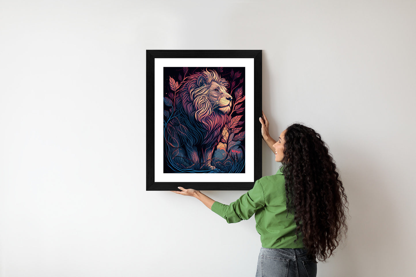Poster Majestätischer Löwe In Illustration Rahmen Holz Mit Passepartout Farbe Natürlich