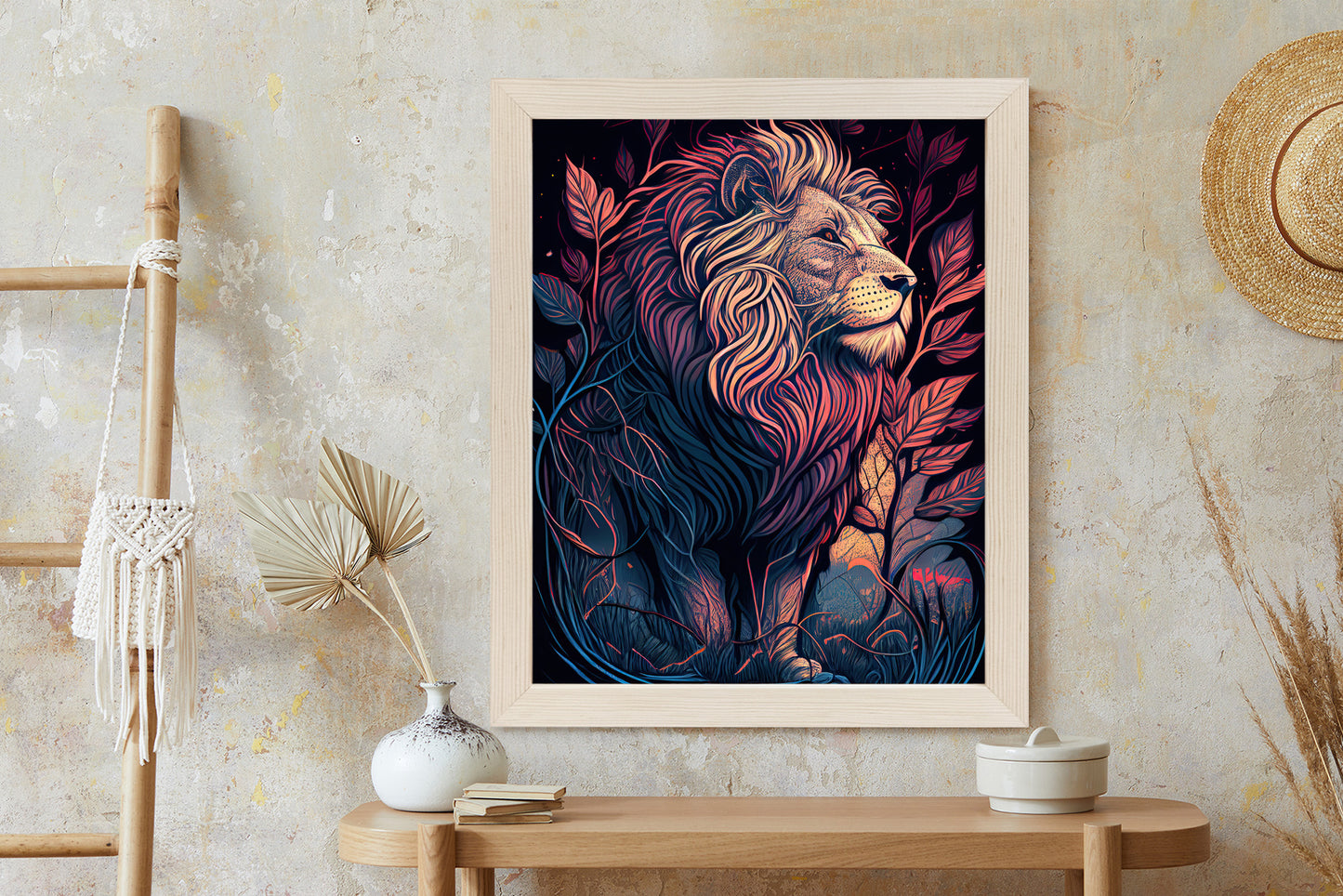 Poster Majestätischer Löwe In Illustration Rahmen Holz Mit Passepartout Farbe Natürlich