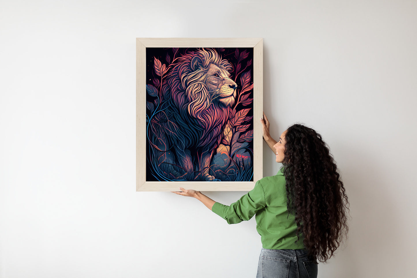 Poster Majestätischer Löwe In Illustration Rahmen Holz Mit Passepartout Farbe Natürlich
