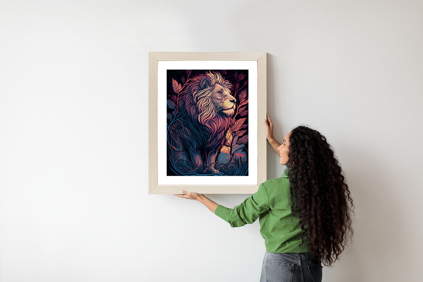 Poster Majestätischer Löwe In Illustration Rahmen Holz Mit Passepartout Farbe Natürlich