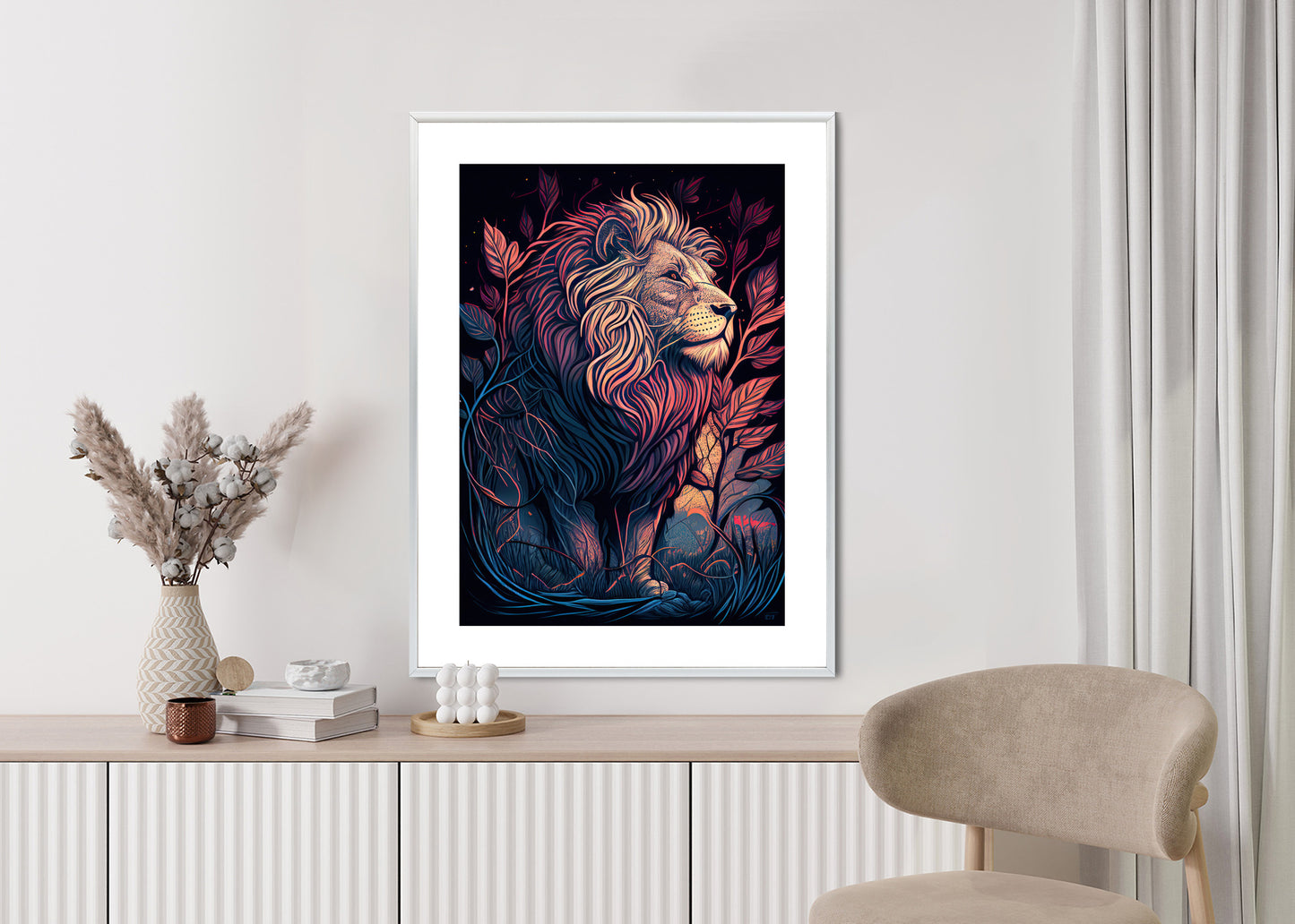 Poster Majestätischer Löwe In Illustration Rahmen Holz Mit Passepartout Farbe Natürlich
