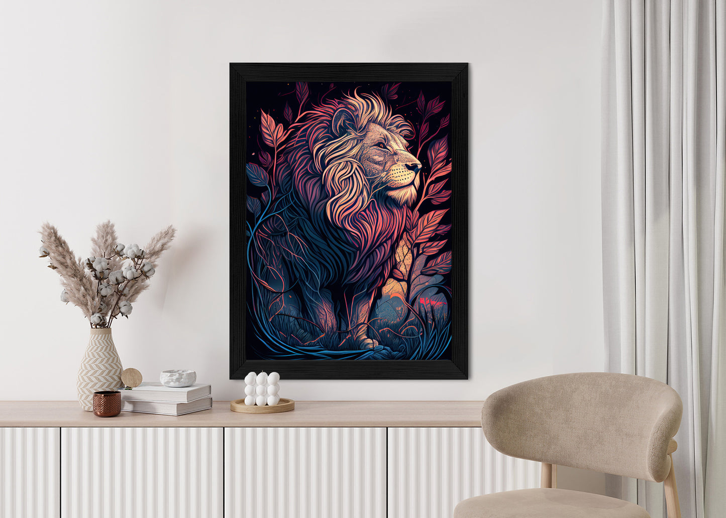 Poster Majestätischer Löwe In Illustration Rahmen Holz Mit Passepartout Farbe Natürlich