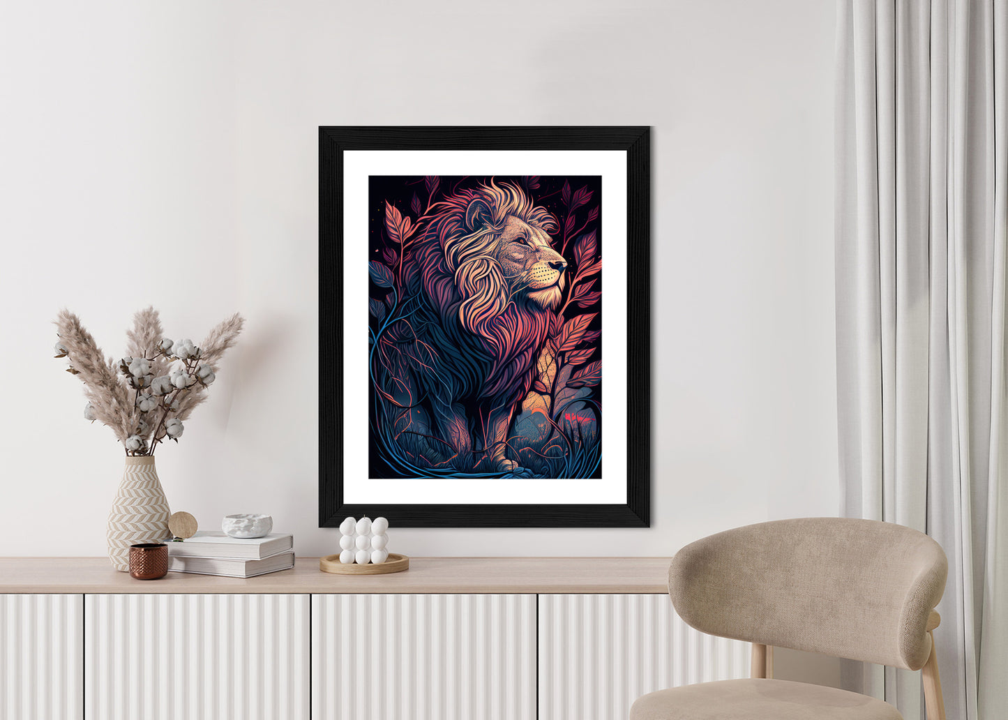 Poster Majestätischer Löwe In Illustration Rahmen Holz Mit Passepartout Farbe Natürlich