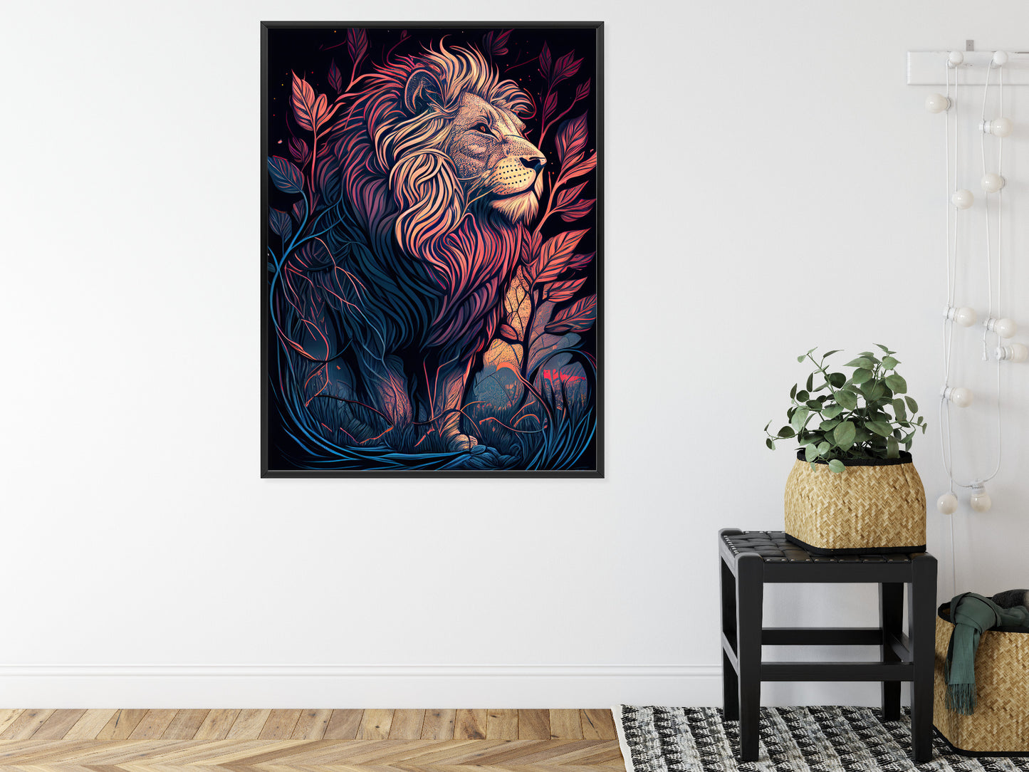 Poster Majestätischer Löwe In Illustration Rahmen Holz Mit Passepartout Farbe Natürlich
