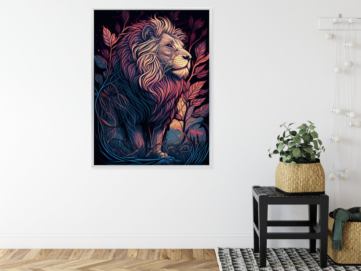 Poster Majestätischer Löwe In Illustration Rahmen Holz Mit Passepartout Farbe Natürlich