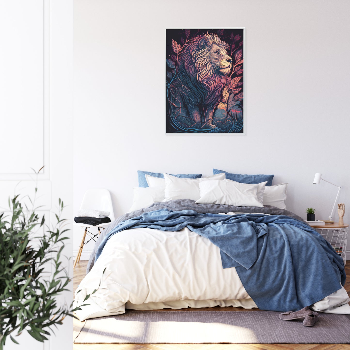 Poster Majestätischer Löwe In Illustration Rahmen Holz Mit Passepartout Farbe Natürlich