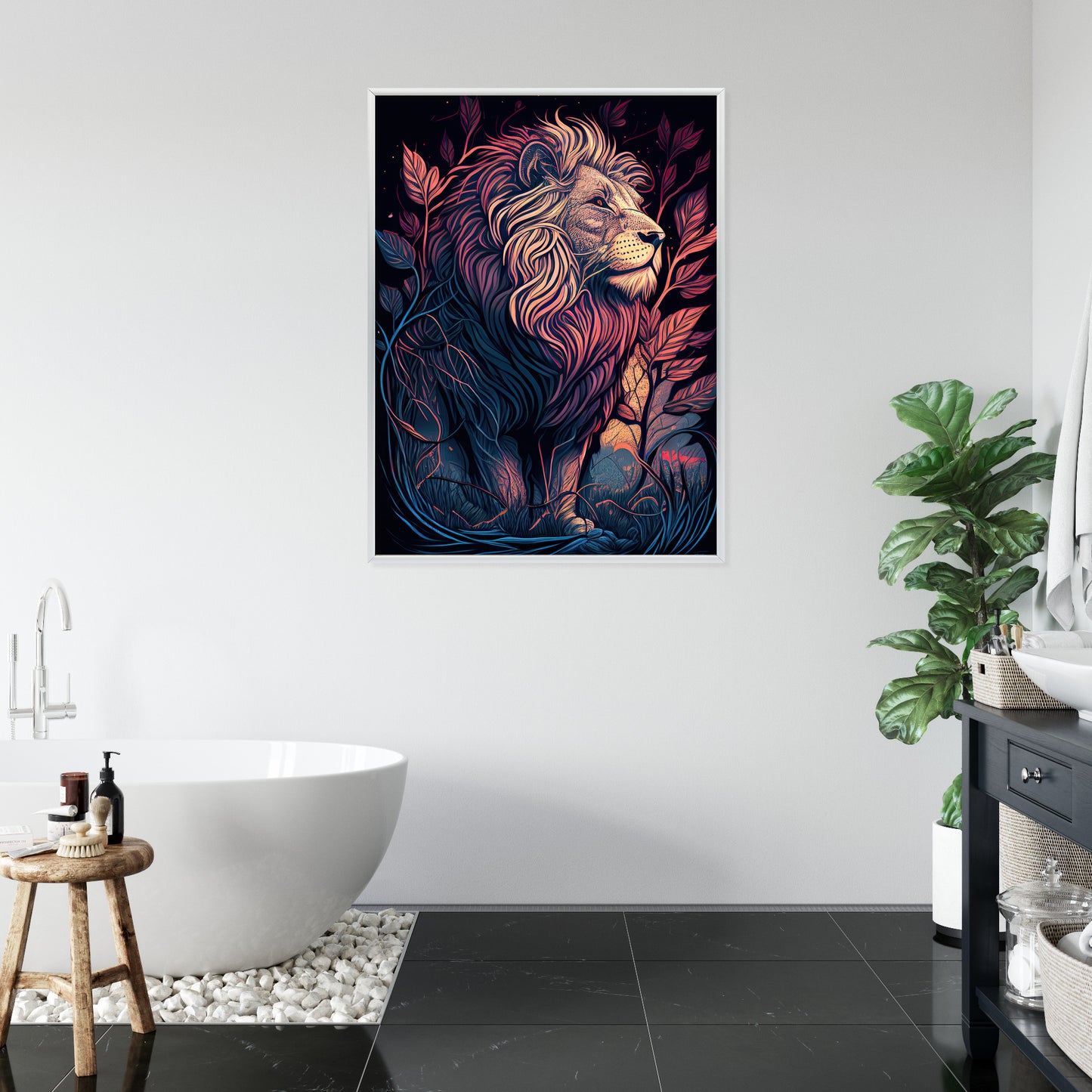 Poster Majestätischer Löwe In Illustration Rahmen Holz Mit Passepartout Farbe Natürlich
