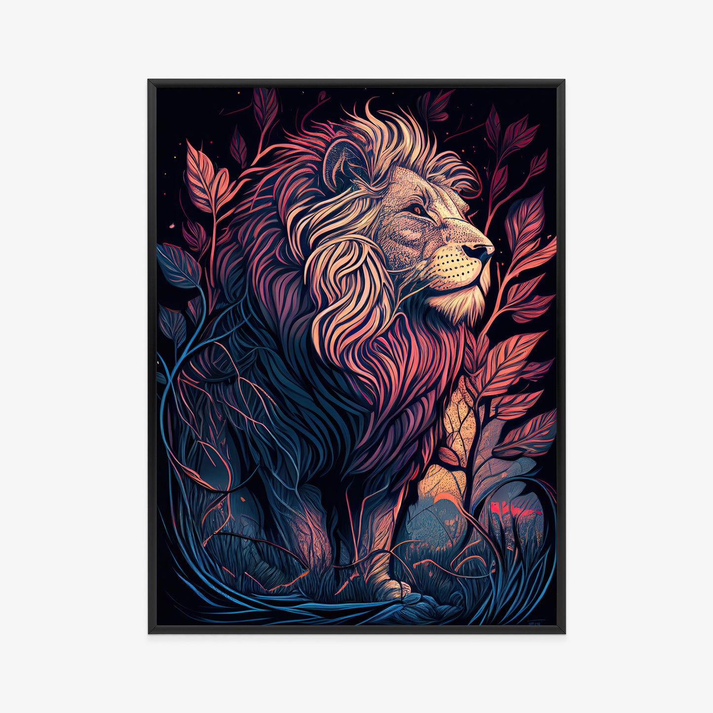 Poster Majestätischer Löwe In Illustration Rahmen Holz Mit Passepartout Farbe Natürlich