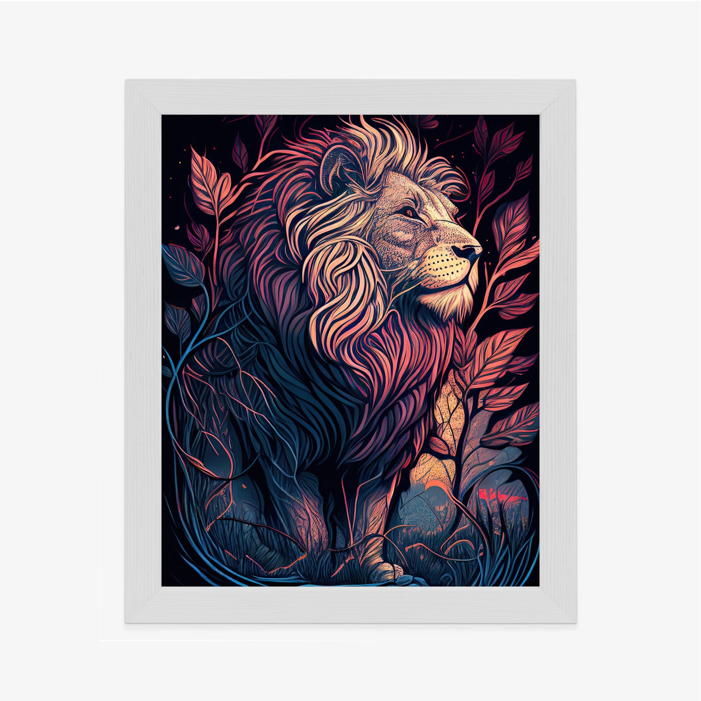 Poster Majestätischer Löwe In Illustration Rahmen Holz Mit Passepartout Farbe Natürlich