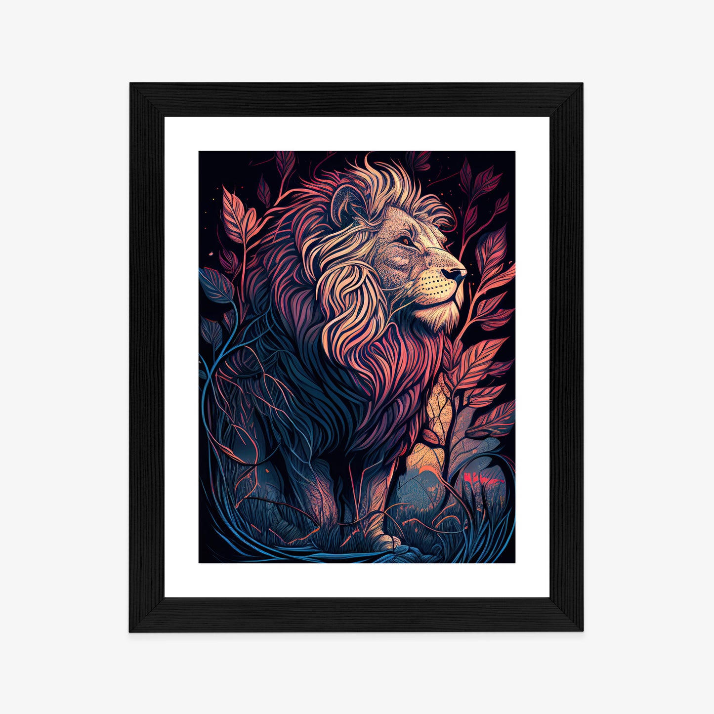 Poster Majestätischer Löwe In Illustration Rahmen Holz Mit Passepartout Farbe Natürlich