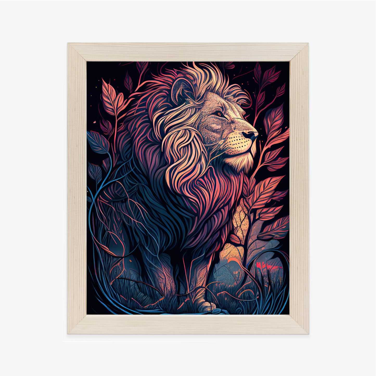Poster Majestätischer Löwe In Illustration Rahmen Holz Mit Passepartout Farbe Natürlich