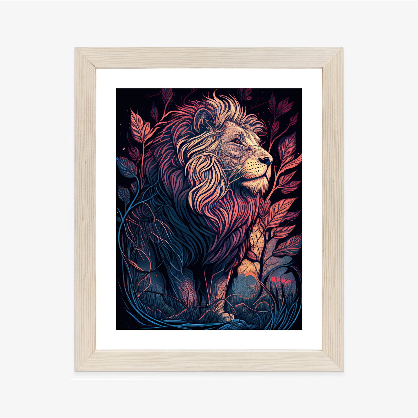 Poster Majestätischer Löwe In Illustration Rahmen Holz Mit Passepartout Farbe Natürlich
