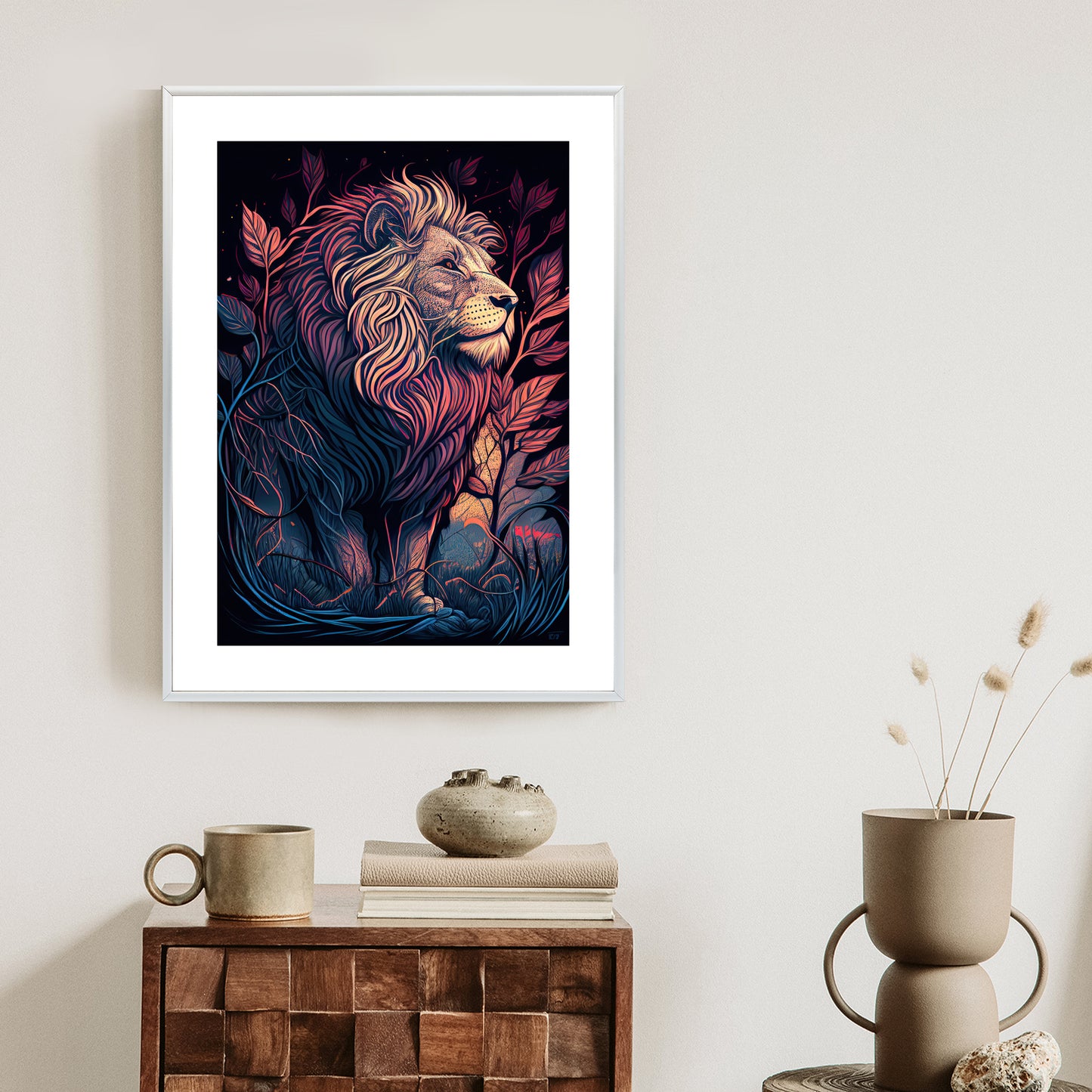Poster Majestätischer Löwe In Illustration Rahmen Holz Mit Passepartout Farbe Natürlich
