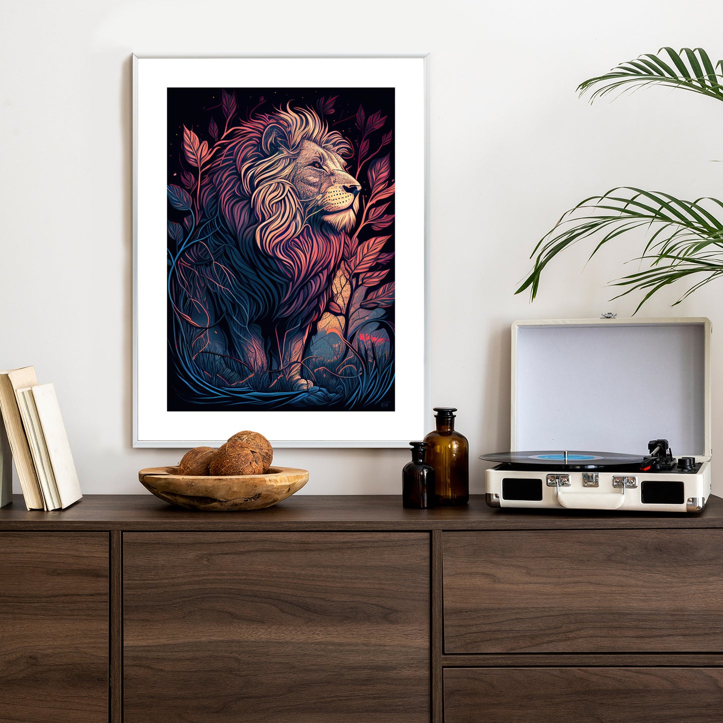 Poster Majestätischer Löwe In Illustration Rahmen Holz Mit Passepartout Farbe Natürlich