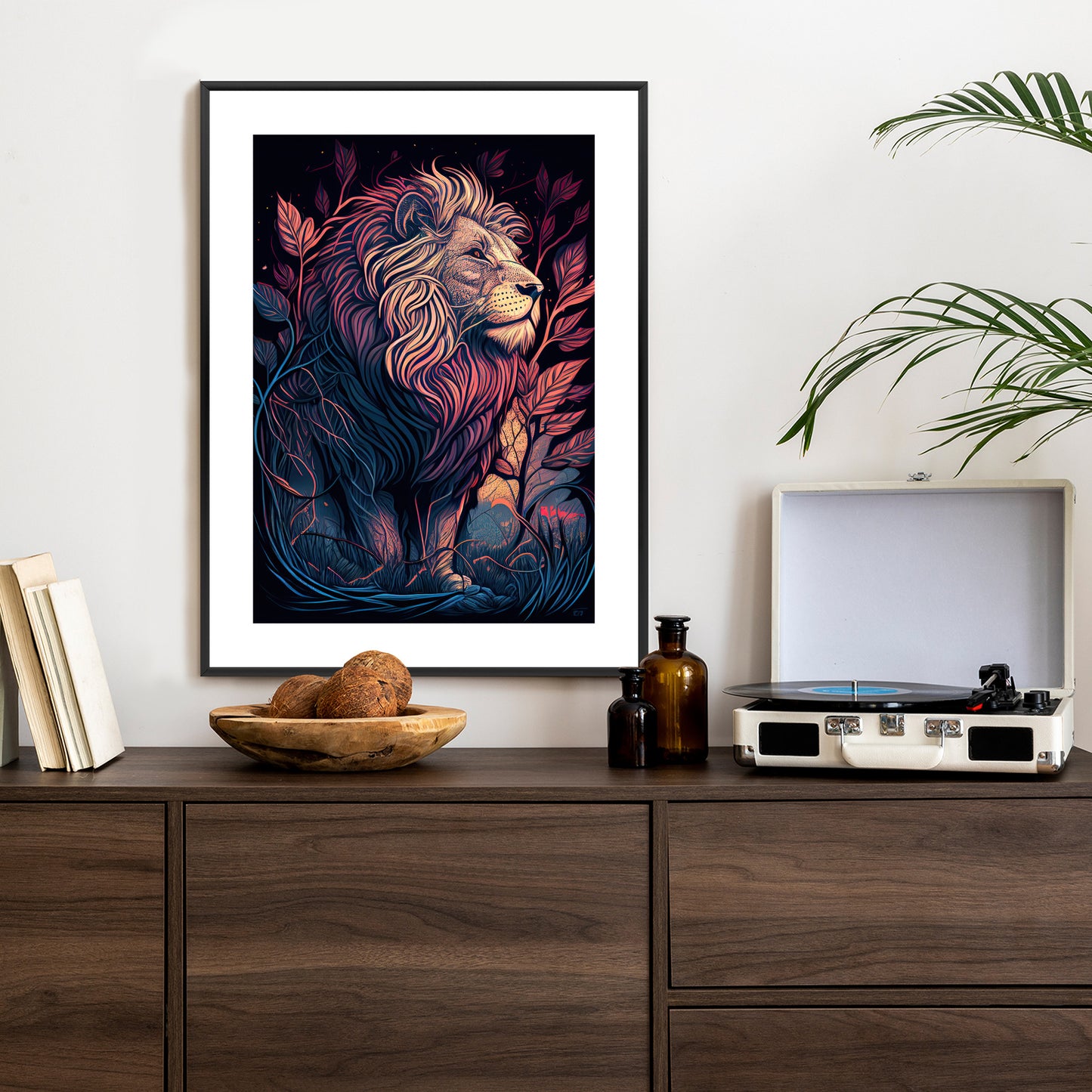 Poster Majestätischer Löwe In Illustration Rahmen Holz Mit Passepartout Farbe Natürlich