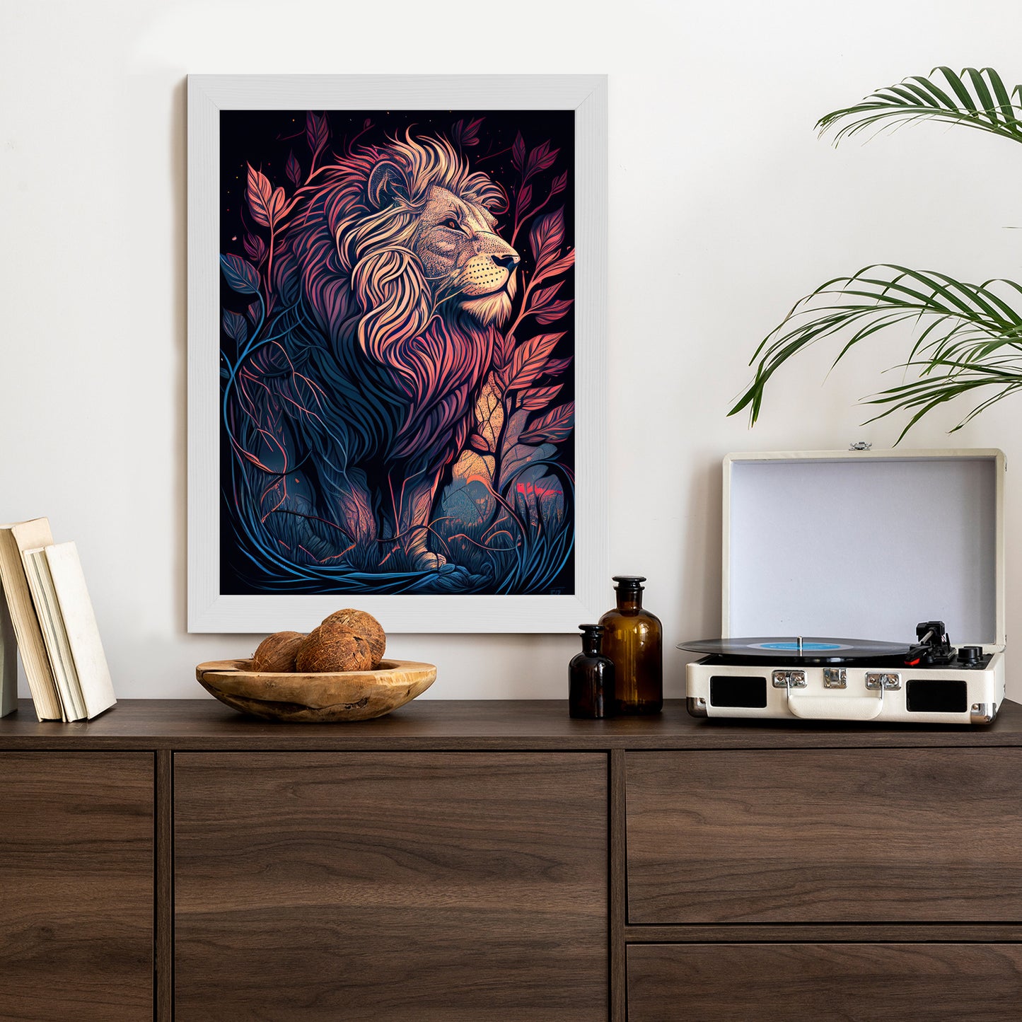 Poster Majestätischer Löwe In Illustration Rahmen Holz Mit Passepartout Farbe Natürlich