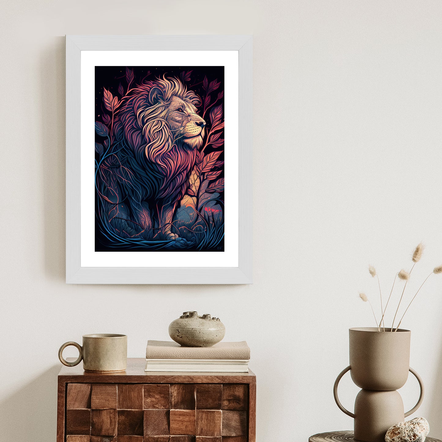 Poster Majestätischer Löwe In Illustration Rahmen Holz Mit Passepartout Farbe Natürlich