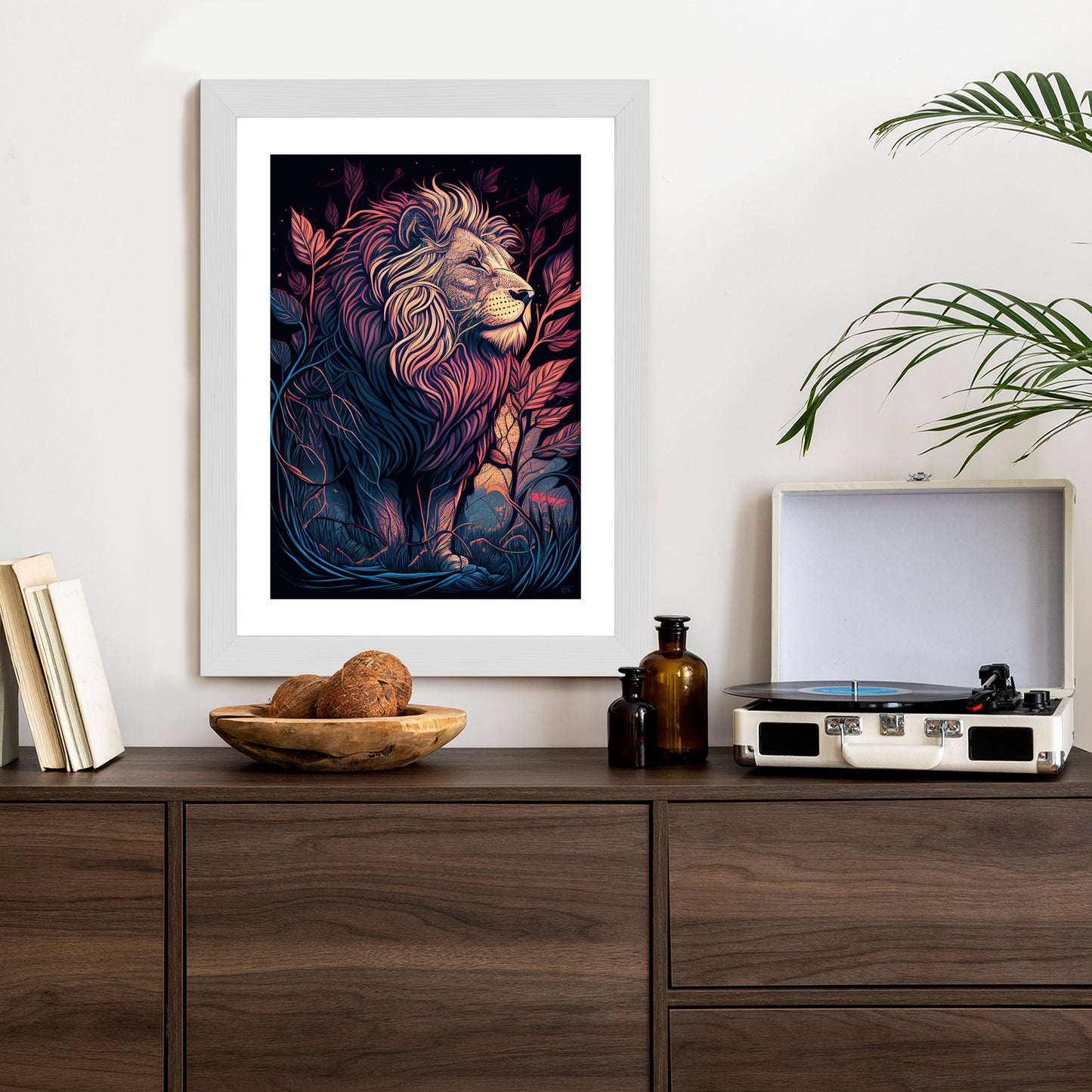 Poster Majestätischer Löwe In Illustration Rahmen Holz Mit Passepartout Farbe Natürlich